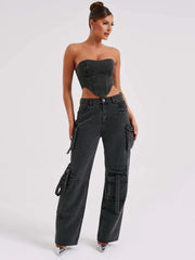 American low-waist pocket splicing jeans