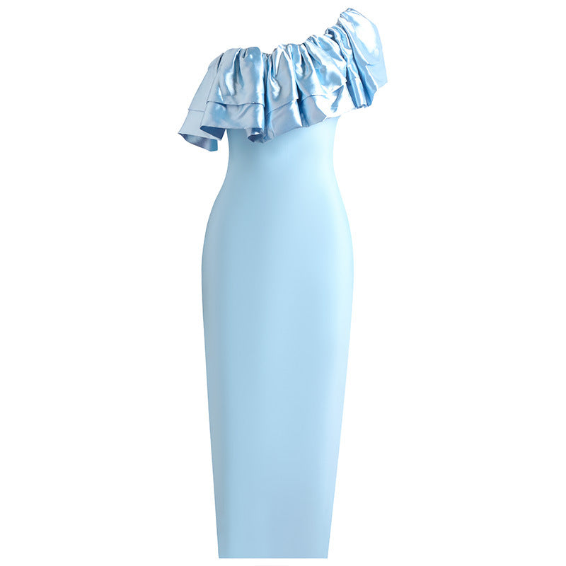 Blue Ruffled One-Shoulder Slim Dress