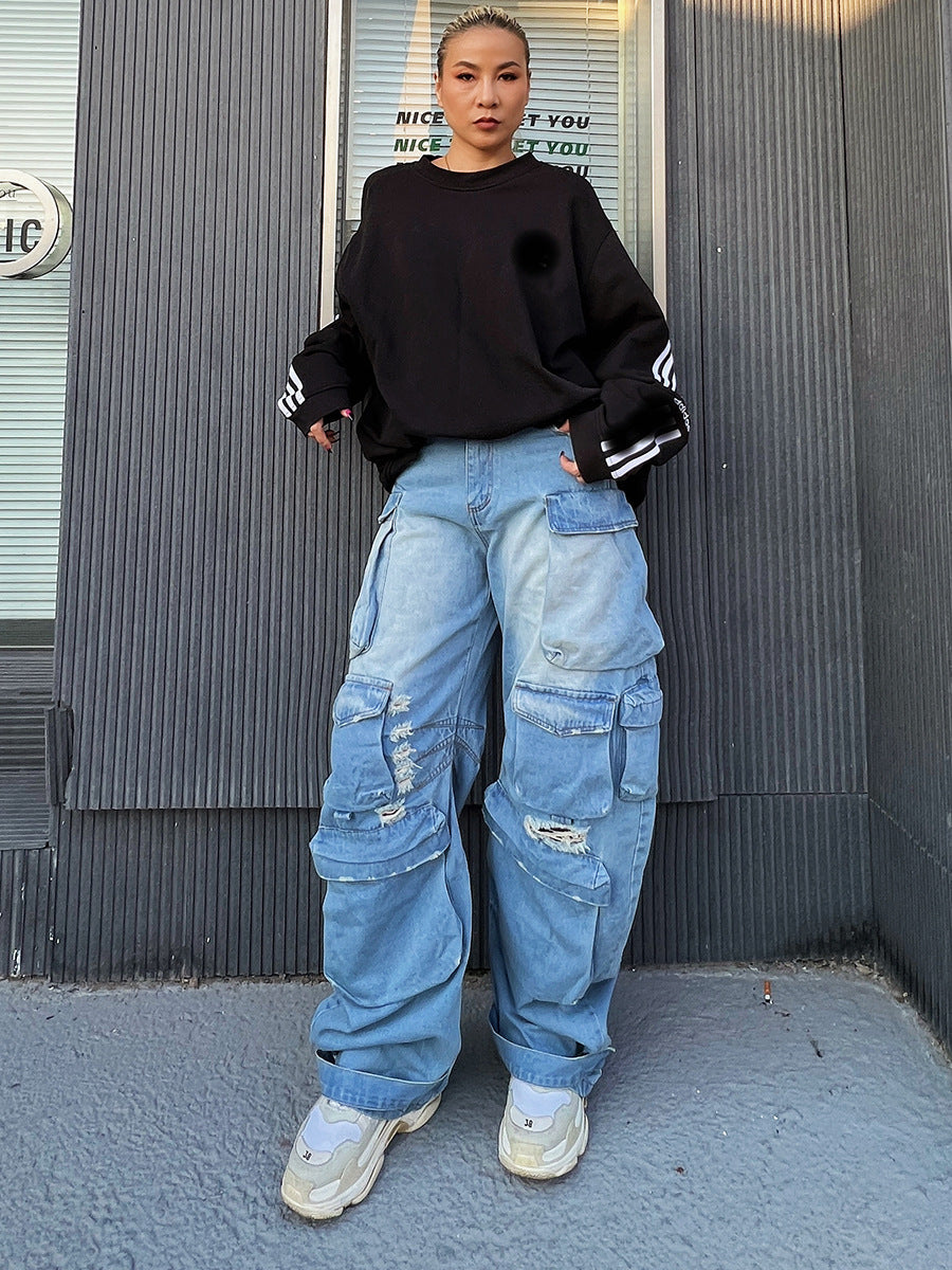 Big pocket old gradient ripped jeans
