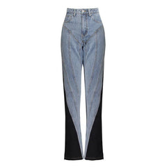 Two-piece set black and white stitching denim jacket + Pants