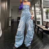 Top Waist Shaping Multi-Pocket Denim Jumpsuit