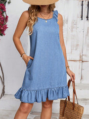 Ruffle Trim Sleeveless Denim Dress: Perfect for a Stylish Vacation Getaway