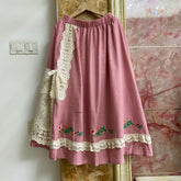 Cottagecore Lace Spliced Linen Skirt