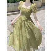 Cottagecore Ruched Square Collar Dress