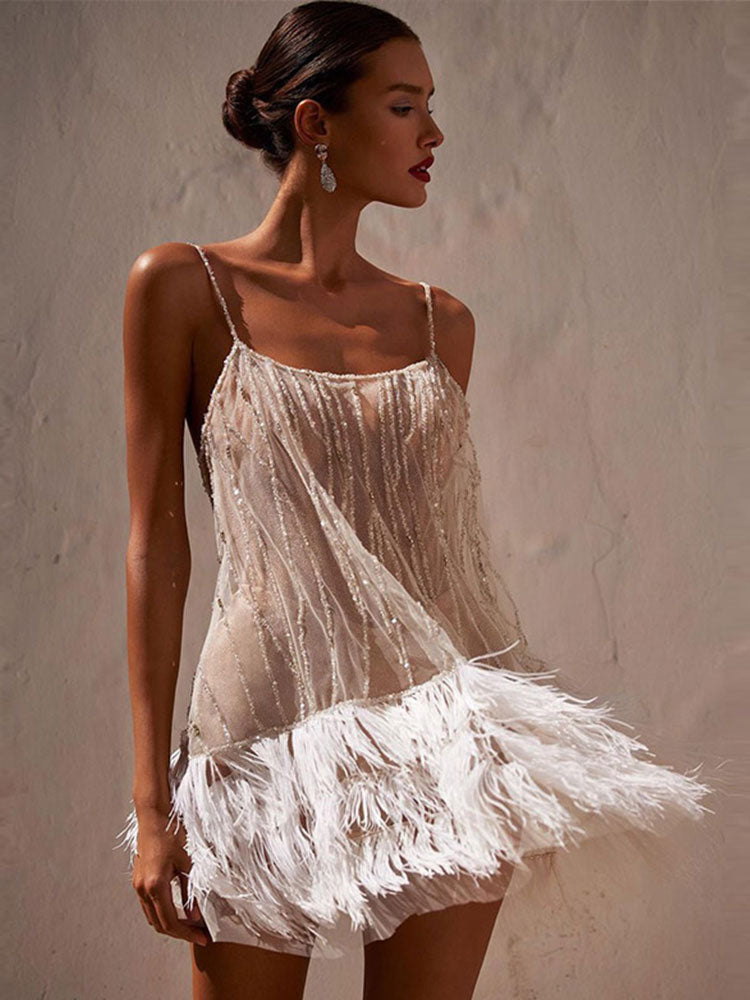 Tassel Double Layer Mesh Beaded Sling Dress Toadds Tassel Double Layer Mesh Beaded Sling Dress Toadds