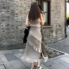 Fairy Grunge Ruffles Maxi Dress with Lace Patchwork