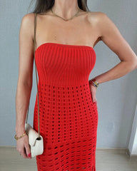 Elegant Hollow Knit Beach Dress Strapless