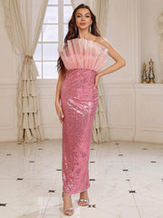 Shimmering Belle: Sequin Patchwork Pleated Evening Dress