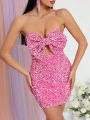 Sparkling Pink Sequin Bow-Front Bodycon Dress