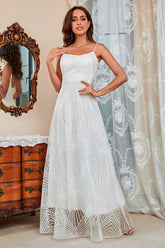 White A-Line Spaghetti Straps Prom Gown Evening Dress