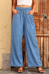 Denim Smocked Waist Wide Leg Pants