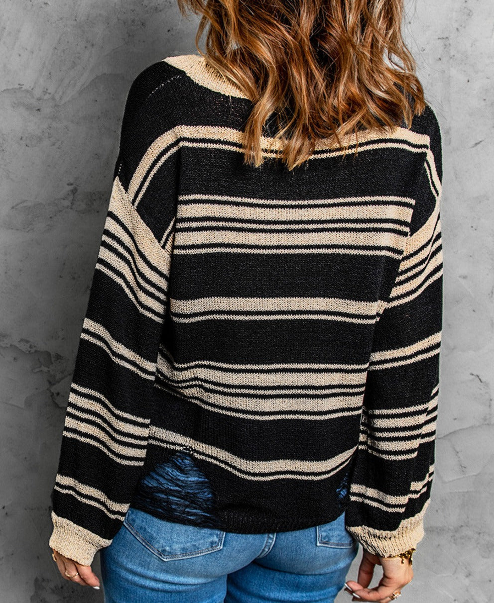 Distressed Detail Striped Knit Sweater