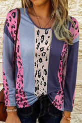 Color Block Leopard Long Sleeve Soft Top