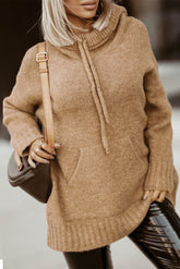 Cowl Neck Drawstring Hooded Sweater