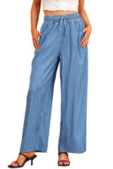 Denim Smocked Waist Wide Leg Pants