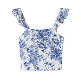 Blue Floral Ruffled Corset Crop Top