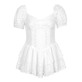 White Embroidered Puff Sleeve Mini Romper Dress