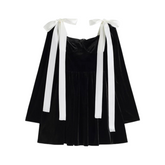 Black Velvet Bow Long Sleeve Mini Dress