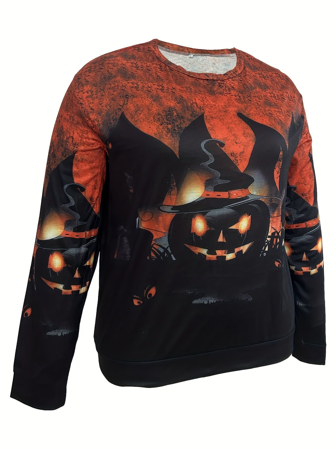 Plus Size Halloween Casual Sweatshirt, Women's Plus Witch Hat Pumpkin Print Long Sleeve Round Neck Pullover Top