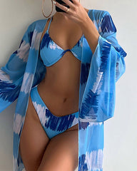 3Pcs Sets Dye Tie Printed Cover Ups Cardigan Bikinis Swimsuit