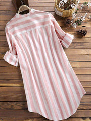 Stand-Up Collar Long-Sleeved Striped Leisure Vacation Cotton And Linen Dress