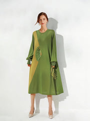 Round Neck Loose Slim Color Matching Midi Dress