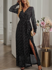 Tie Waist Slit V Neck Long Sleeved Maxi Dress