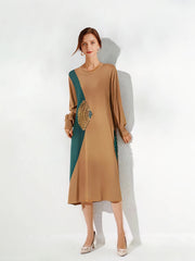 Round Neck Loose Slim Color Matching Midi Dress