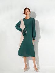 Round Neck Loose Slim Color Matching Midi Dress