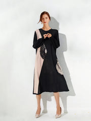 Round Neck Loose Slim Color Matching Midi Dress