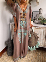 Short Sleeve Printed V Neck Holiday Dresses