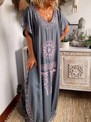 Short Sleeve Printed V Neck Holiday Dresses