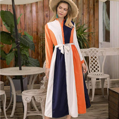 Fashion Stripe Stand collar Long sleeve Lacing Maxi Dresses