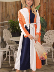 Fashion Stripe Stand collar Long sleeve Lacing Maxi Dresses