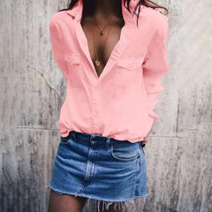 Fashion Sexy Pure Lapel Long sleeve Blouses