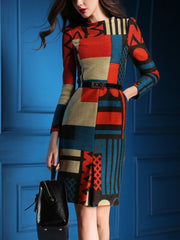 Fashion Wool Knitted with Irregular Printed Bodycon Dress