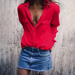 Fashion Sexy Pure Lapel Long sleeve Blouses