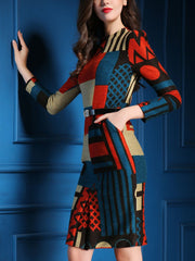 Fashion Wool Knitted with Irregular Printed Bodycon Dress