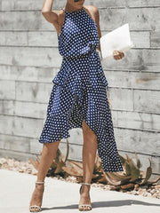 Fashion wave point lace-up irregular slim skater dress