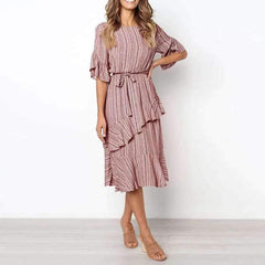 Fashion Stripe Half sleeve Lacing Falbala Skater Dresses