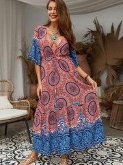 Fashion V neck Half sleeve Lacing Maxi Dresses