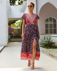 Fashion Sexy Print V neck Lacing Maxi Dresses