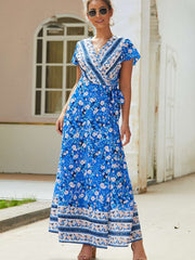 Fashion Sexy Print V neck Lacing Maxi Dresses