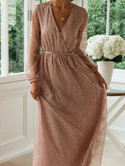 Fashion Sequin V neck Long sleeve Lacing Skater Maxi Dresses