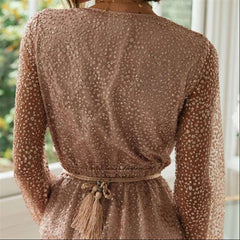 Fashion Sequin V neck Long sleeve Lacing Skater Maxi Dresses