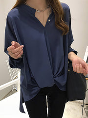 Chiffon Long Sleeve Solid Color V Neck Blouse