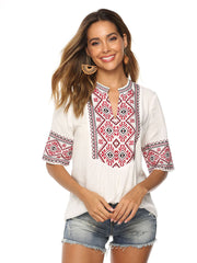 Embroidery Short Sleeve V Neck Fashion Blouse