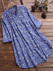 Spring New Cotton and Linen Flower Printing Long Blouses