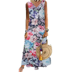 Fashion V neck Print Maxi Dresses