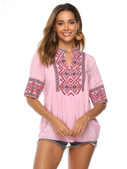 Embroidery Short Sleeve V Neck Fashion Blouse